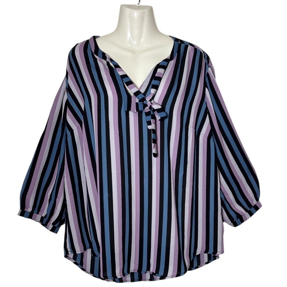 Torrid Purple Blue Striped Tie Front V-Neck Georgette Blouse Plus Size 2 2X NEW